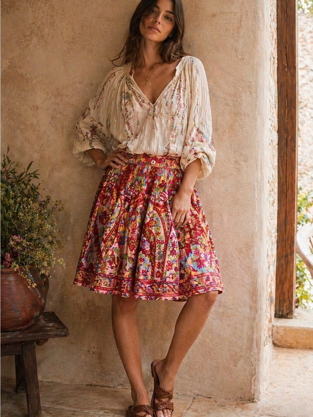Boho Folk Art Floral Skirt Pleated Cottagecore Festival Statement Bandolino 12 - Picture 2 of 11